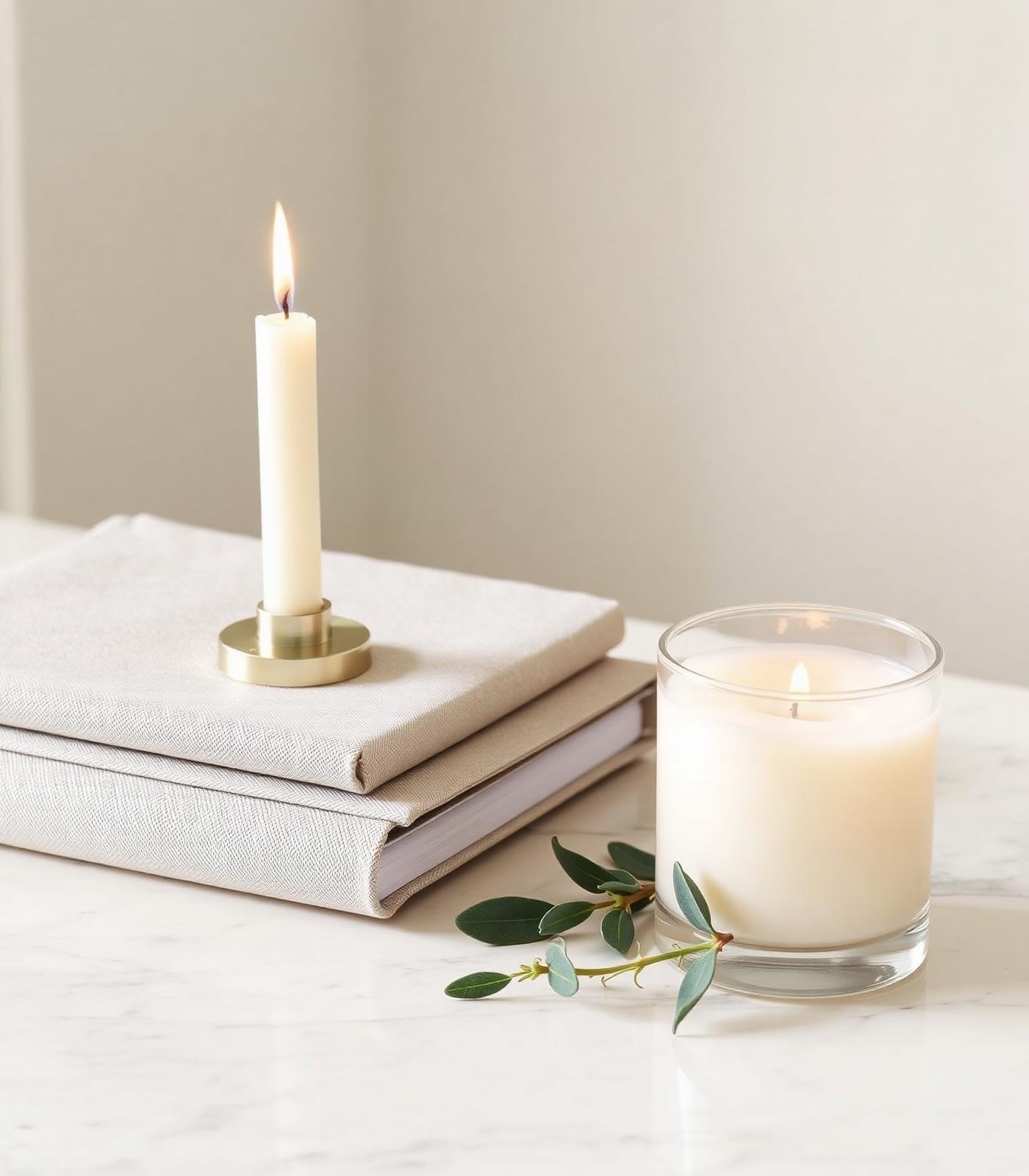 Candle beside linen books